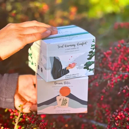 Cosy winter tea gift set with caffeine-free chai & Ayurvedic detox tea. Perfect Christmas herbal tea duo for calm, wellness & digestion support. 48hr delivery.